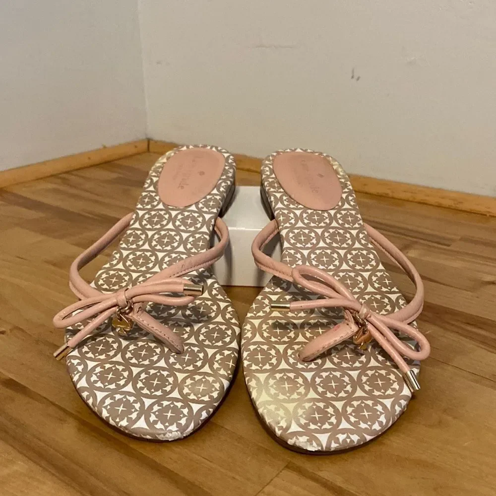 Kate Spade Taupe & Blush Pretty Bow Leather Slide On Flip Flop Sandals Size 9.5
